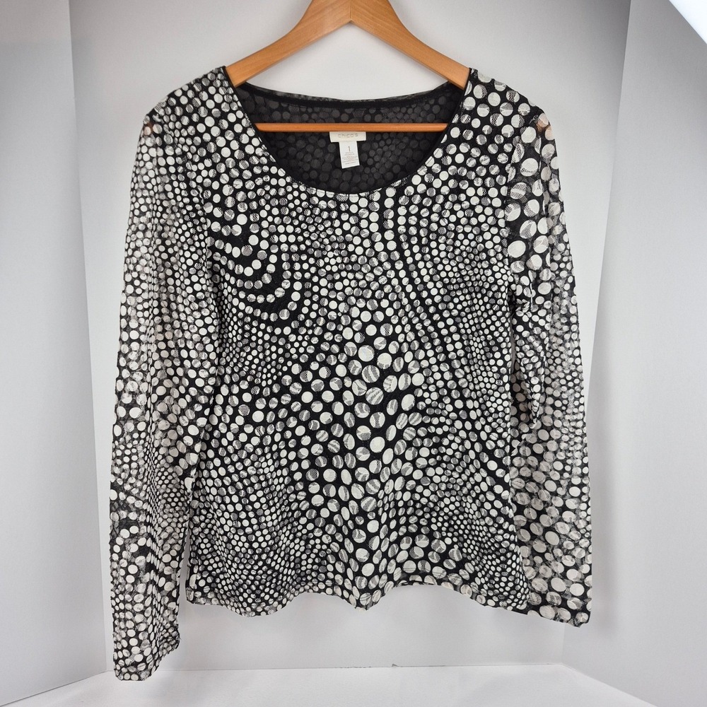 Chico's Spotted Layers Lace Nevaeh Black White Dot Print Mesh Long‎ Sleeve Top 1